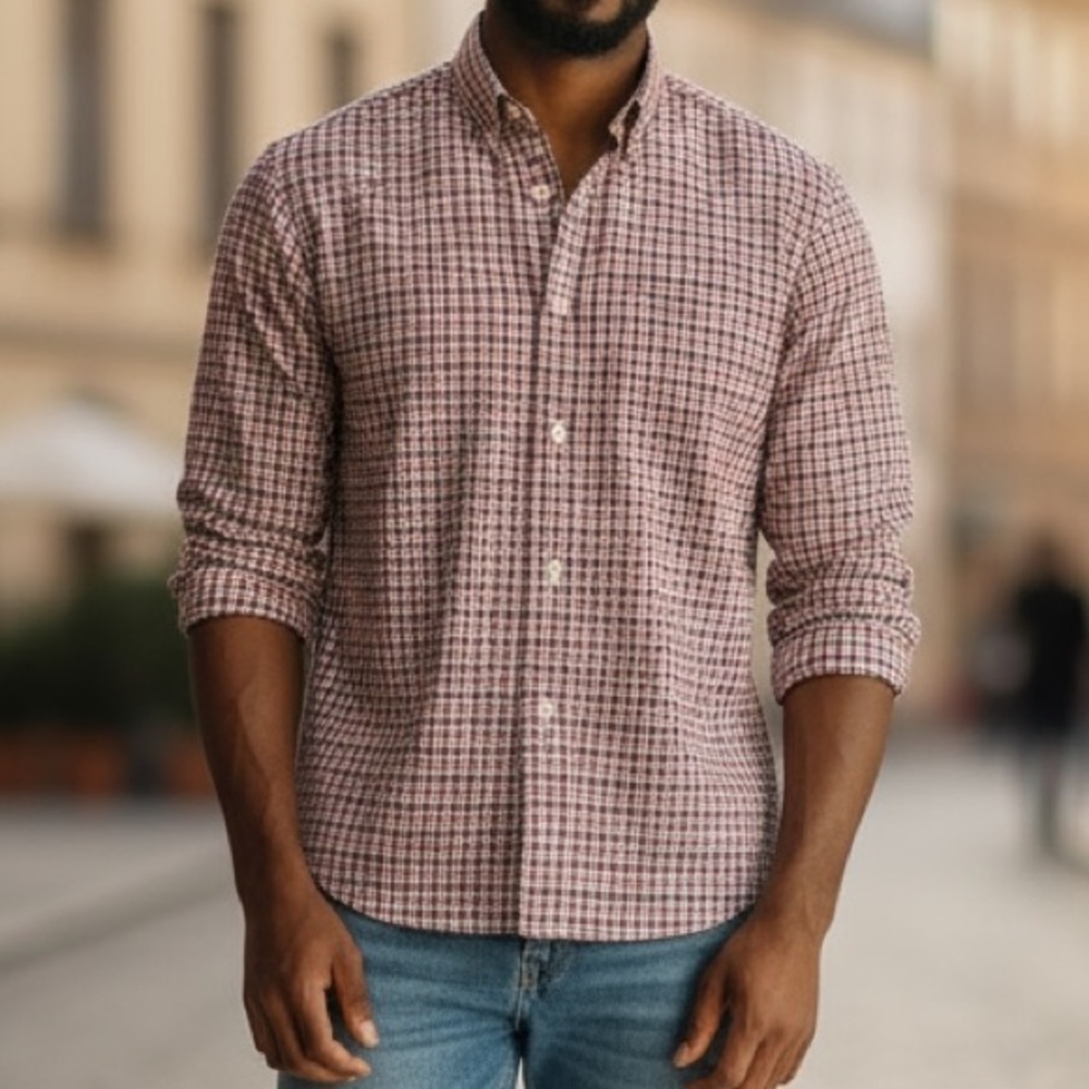 J. Crew Mens Slim Fit Button Down Shirt Long Sleeve Gingham Red Blue Size Large - Picture 1 of 12